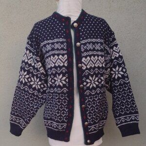 Vintage L.L. Bean Navy and White Wool Nordic Cardigan L